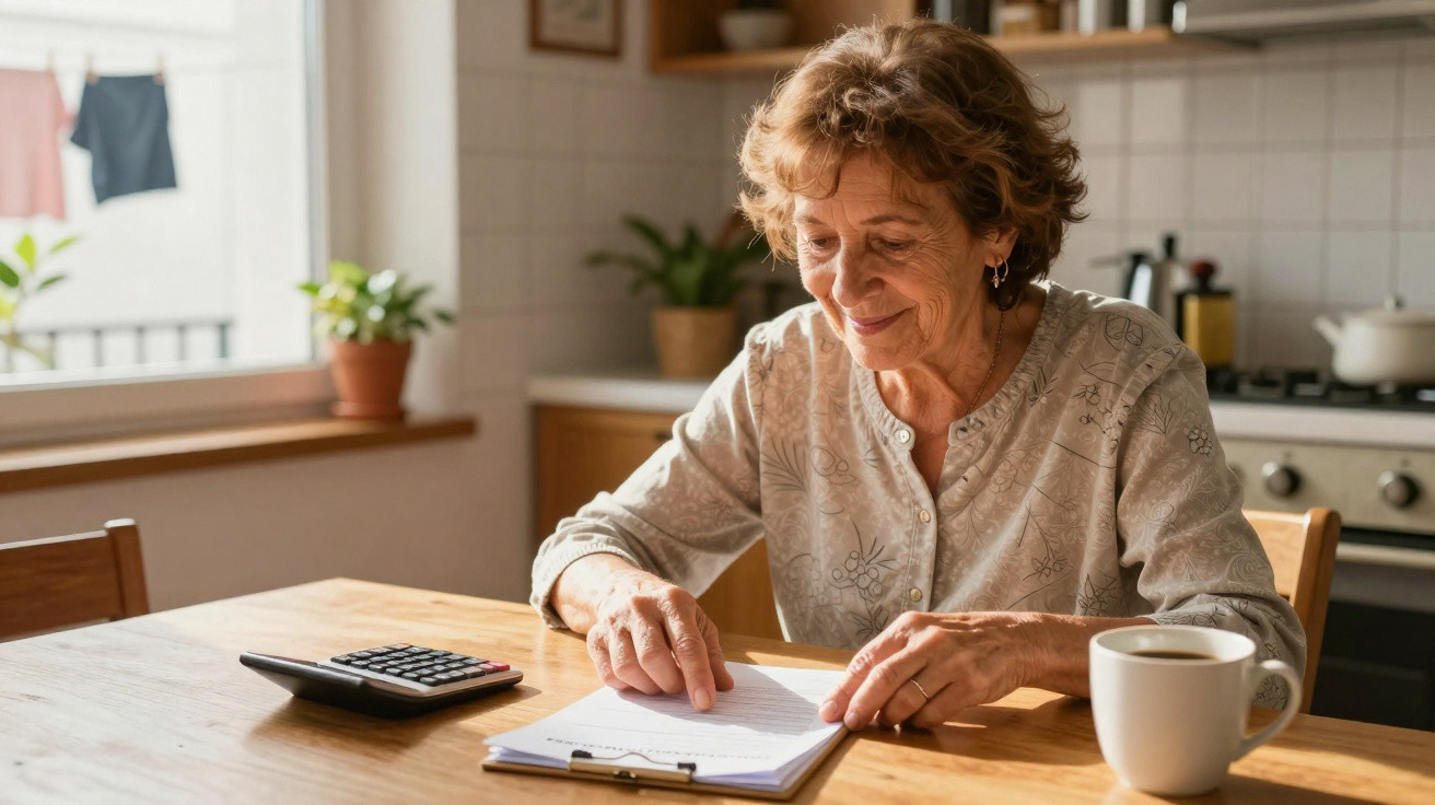 Mulher idosa sentada à mesa, a analisar documentos com uma calculadora e uma chávena de café à frente.