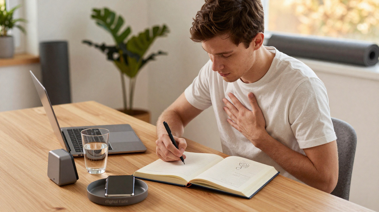 Homem sentado a escrever num caderno, com computador aberto e copo de água numa mesa de madeira.
