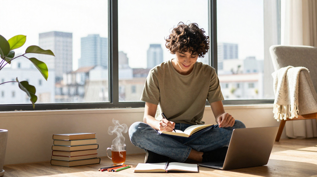 Jovem sentado no chão junto a um computador portátil, a escrever num caderno com livros empilhados e chá ao lado.
