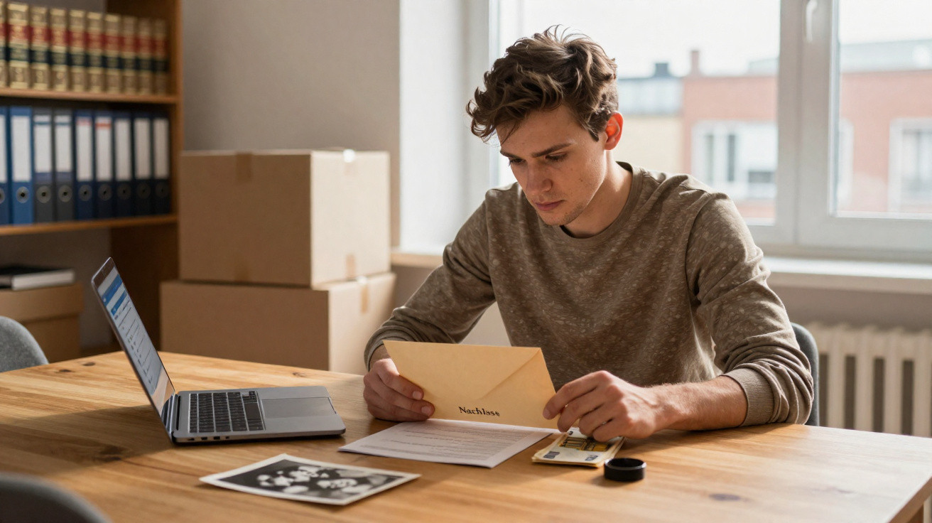 Homem sentado numa mesa a ler uma carta junto a um computador portátil e fotografias.