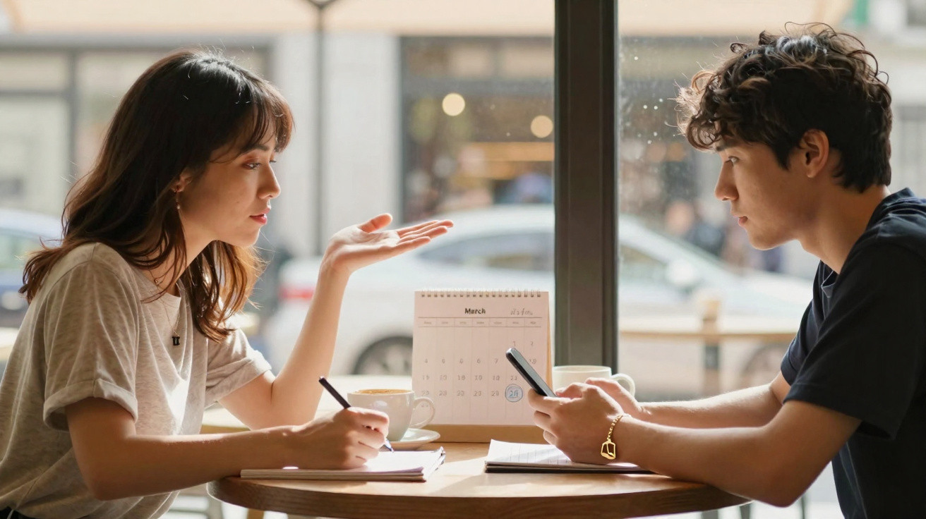 Duas pessoas sentadas numa mesa com notas e café, conversando num ambiente iluminado por grande janela.