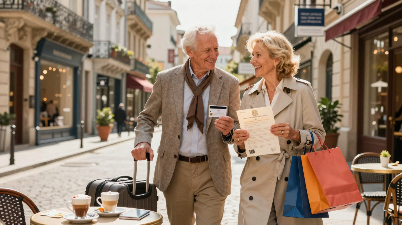 Casal sénior feliz com sacos de compras a caminhar numa rua de cidade antiga com cafés ao ar livre.