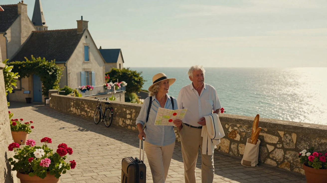 Casal sénior a passear junto ao mar numa vila pitoresca com flores e edifícios típicos.