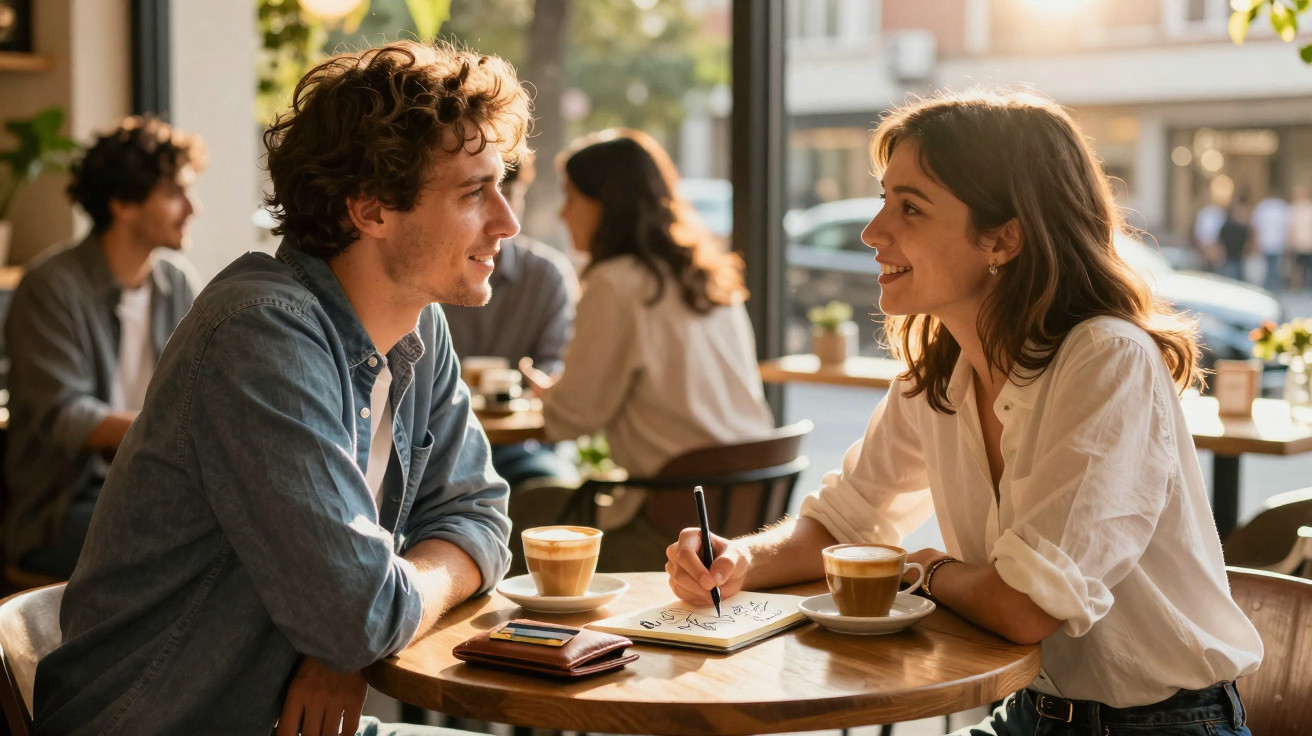 Casal jovem sorridente conversa num café, com chávenas e caderno sobre a mesa.