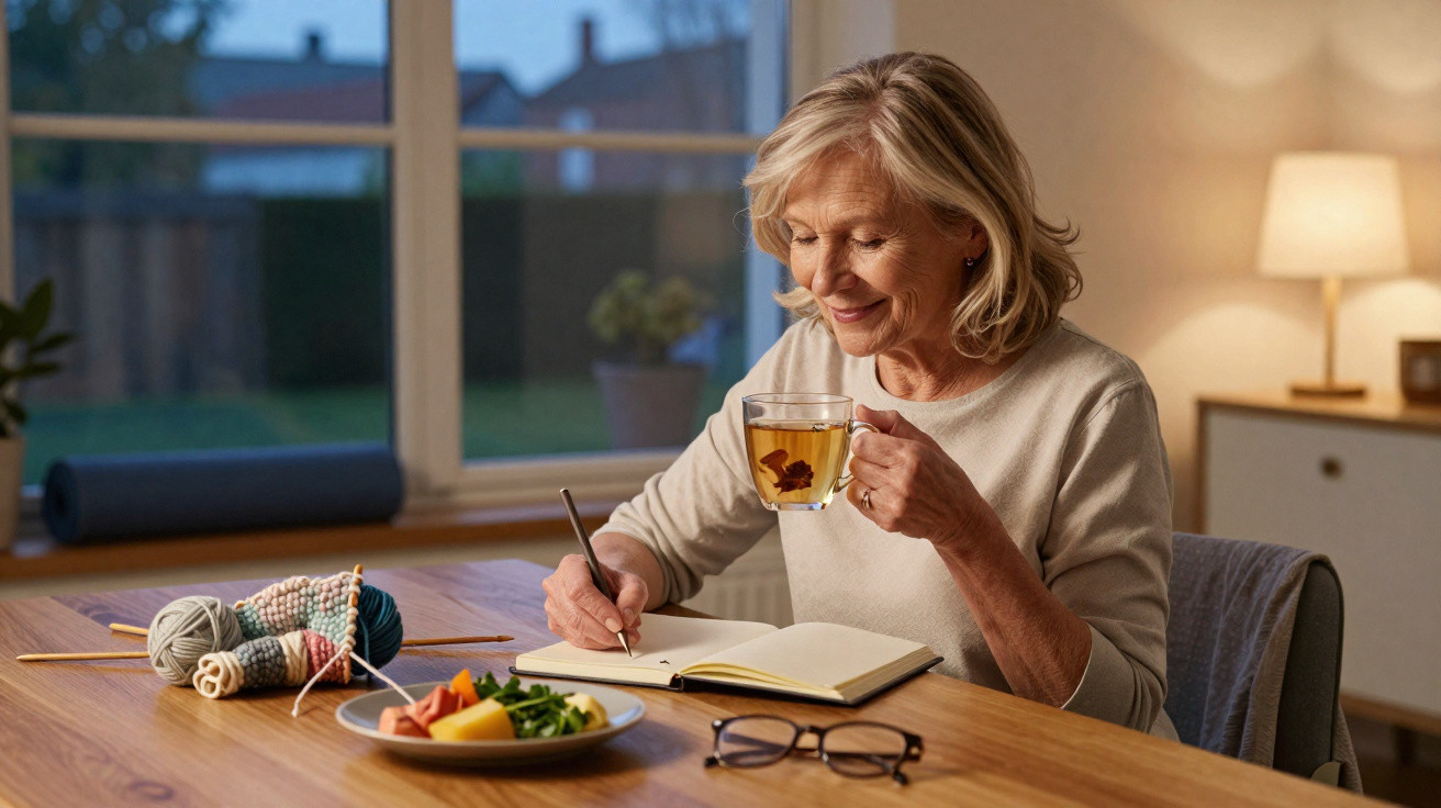 Mulher sorridente a beber chá e a escrever num caderno, com lã e prato de comida na mesa.