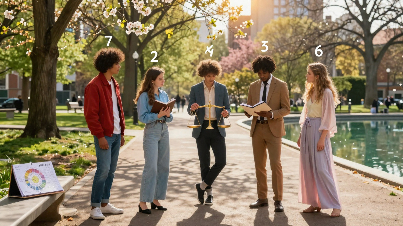 Grupo de cinco jovens a discutir e estudar com livros numa alameda soalheira de parque urbano.