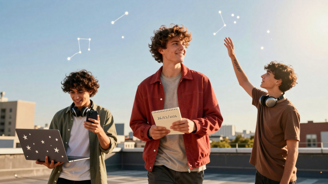 Três jovens com cabelo encaracolado interagem no terraço sob céu claro com constelações desenhadas, um segura laptop, outro b
