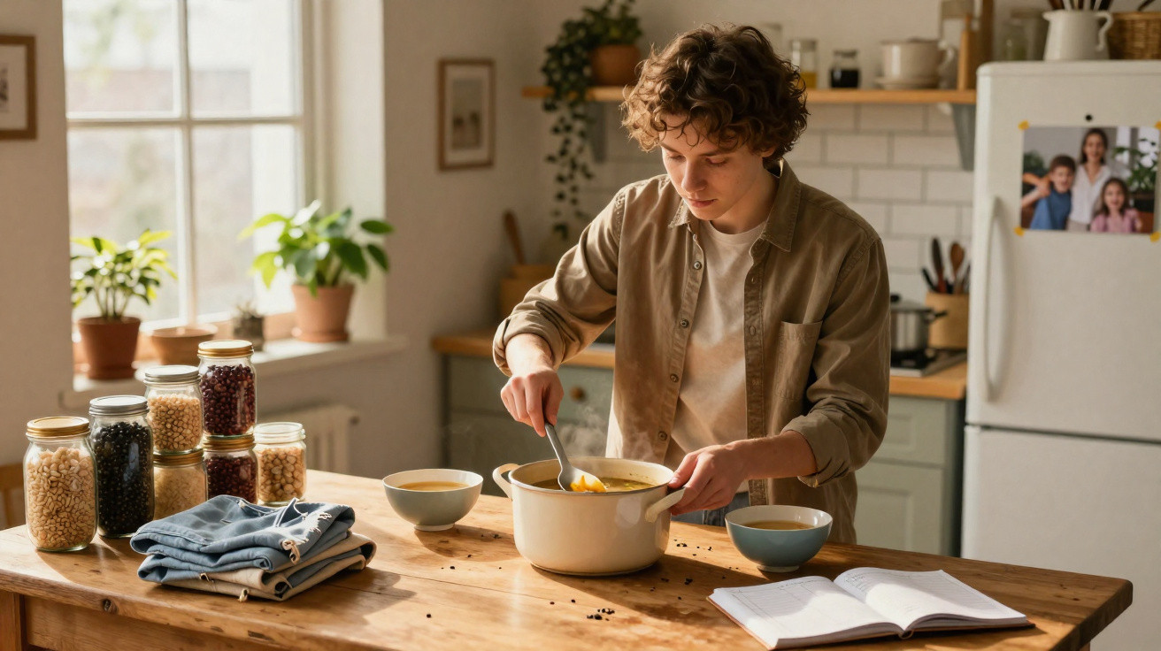 Jovem a preparar sopa numa cozinha luminosa com frascos, plantas e livro aberto na mesa de madeira.