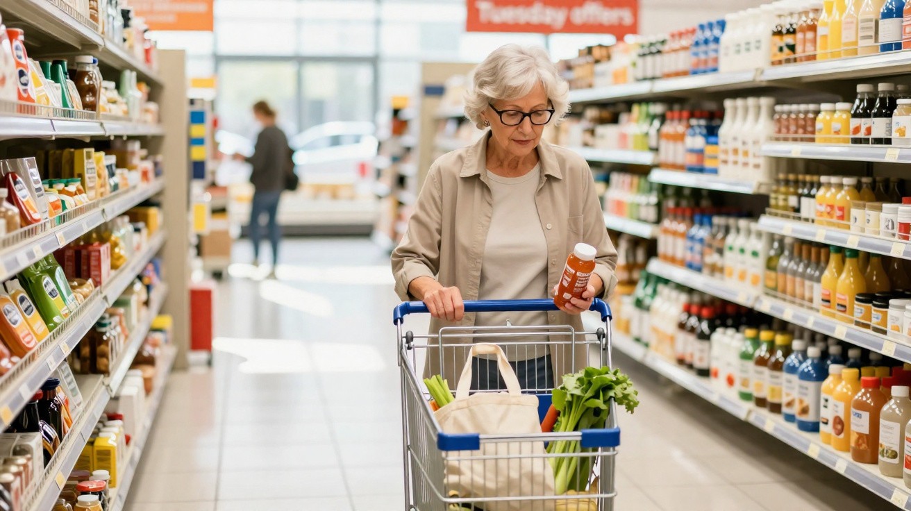 Mulher sénior a fazer compras num supermercado, segurando uma garrafa de sumo junto a carrinho de compras.
