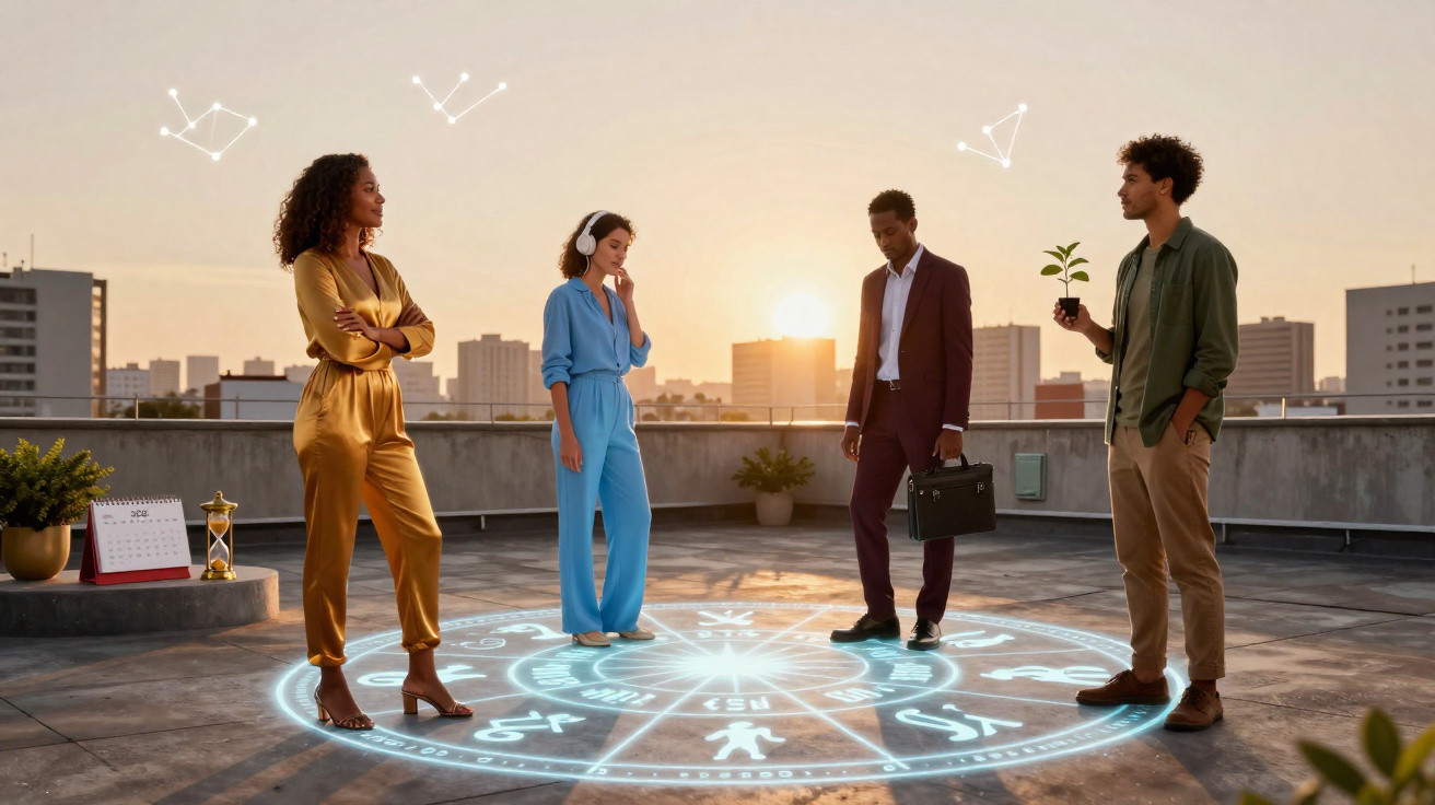 Quatro pessoas num terraço ao pôr do sol, com símbolos de astrologia projetados no chão.