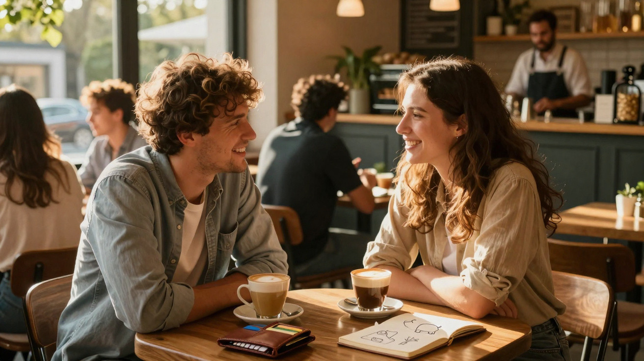 Casal jovem conversa sorrindo numa mesa de café com bebidas e caderno de desenhos.