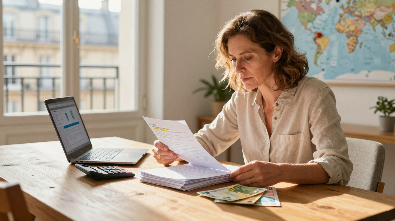 Mulher a analisar documentos com laptop, calculadora e notas de euro numa mesa de madeira.