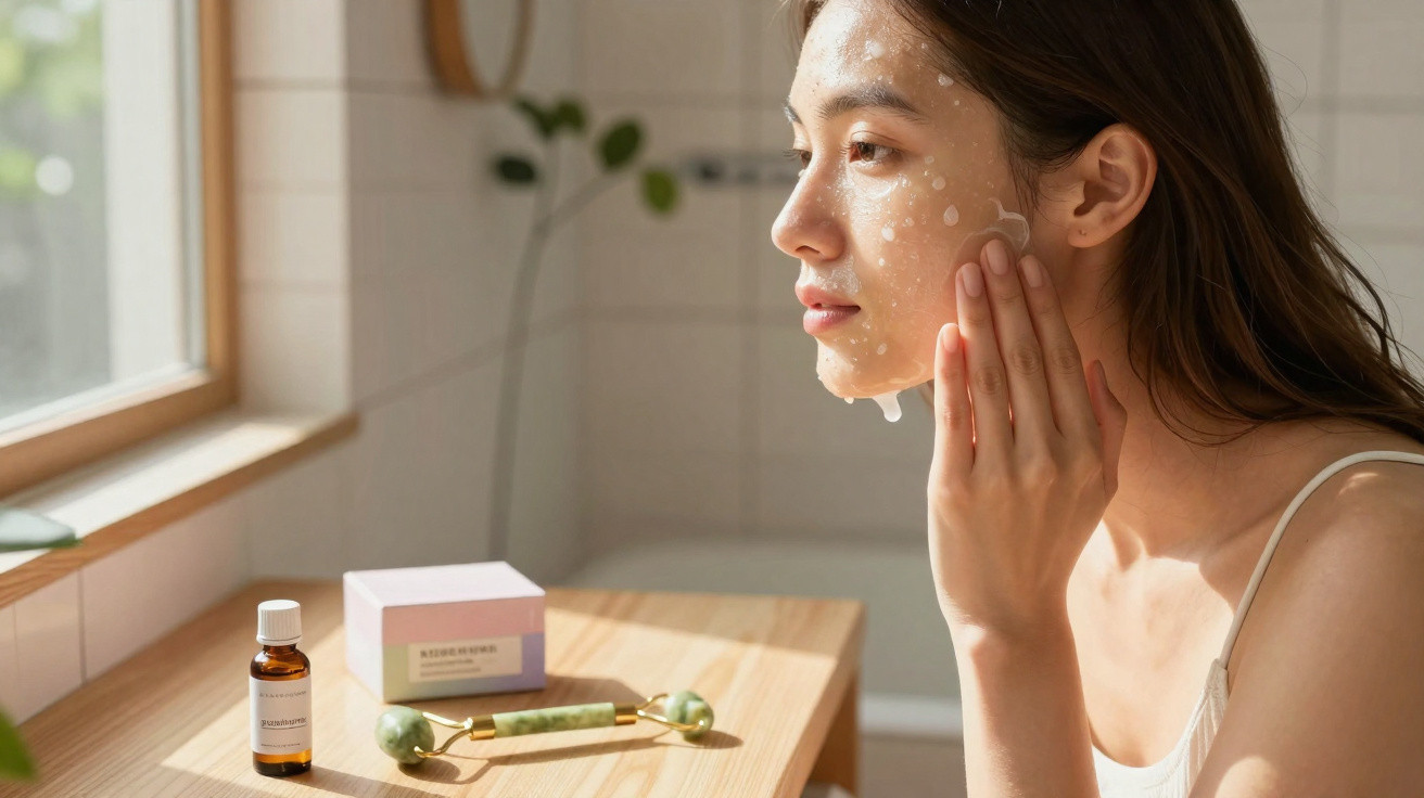 Mulher aplica produto facial num quarto de banho com rolo de massagem e frascos numa bancada de madeira.
