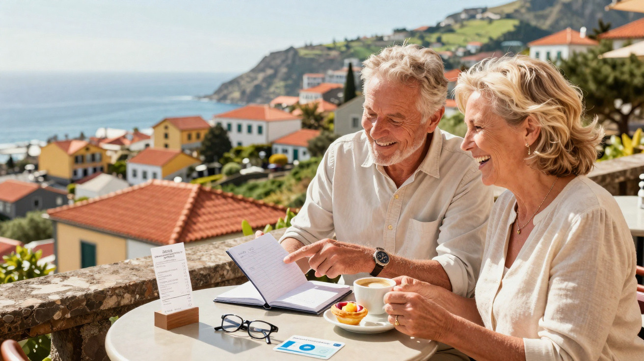 Casal sénior feliz a ler notas juntos numa esplanada com vista para casas e mar ao fundo.