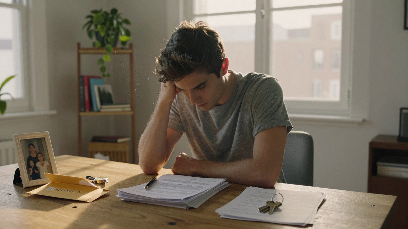 Jovem sentado à mesa, pensativo, a analisar documentos em ambiente doméstico iluminado pela luz natural.