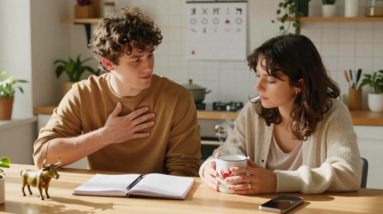 Homem e mulher conversam sentados à mesa com caderno aberto, caneca e telemóvel numa cozinha iluminada.