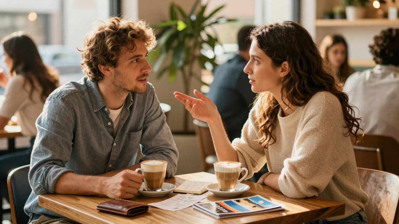 Casal a conversar num café, com cafés e papéis sobre a mesa, ambiente descontraído e luminoso.