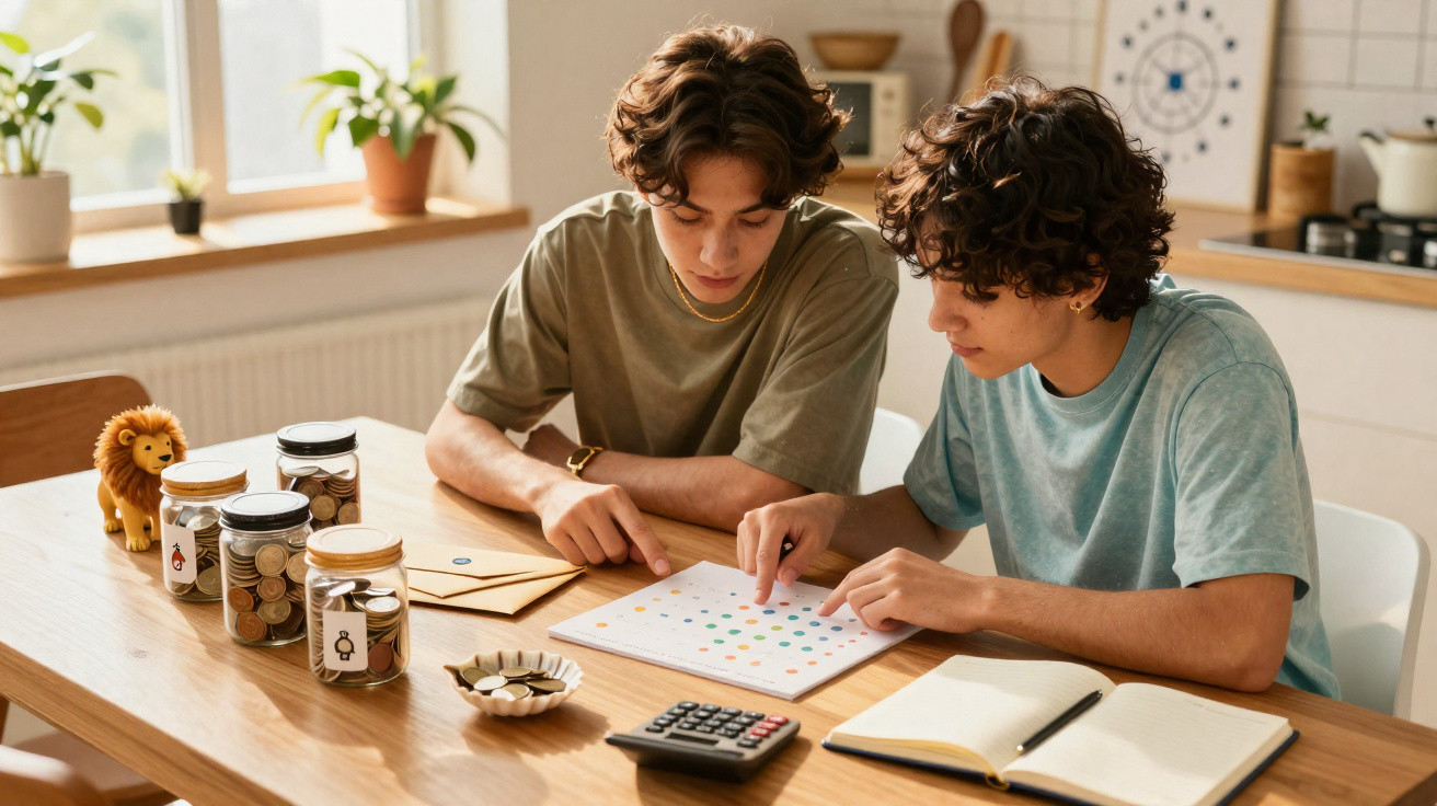 Dois jovens a calcular finanças domésticas com moedas e gráficos numa mesa de cozinha iluminada.