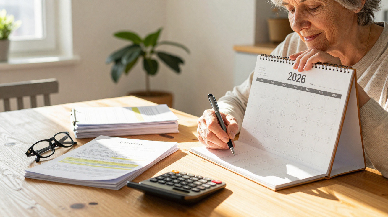 Mulher idosa a escrever num calendário de mesa do ano 2026, com documentos, óculos e calculadora à frente.