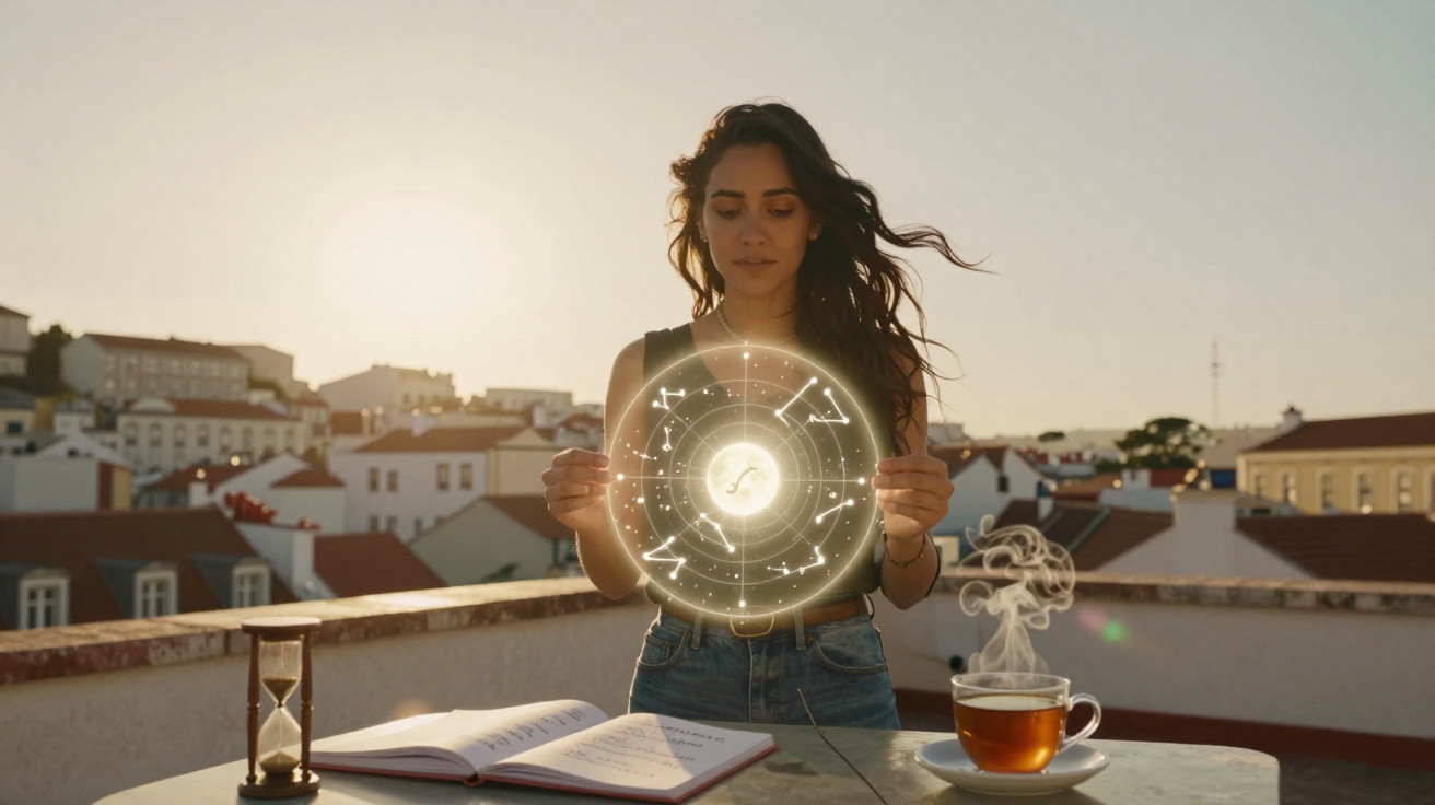 Mulher numa varanda ao pôr do sol segurando círculo astrológico luminoso, com chá, ampulheta e livro na mesa.