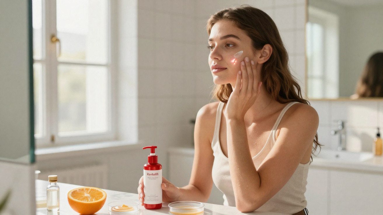Mulher aplica creme no rosto em casa, segurando frasco vermelho, com mesa com laranja cortada e frascos.