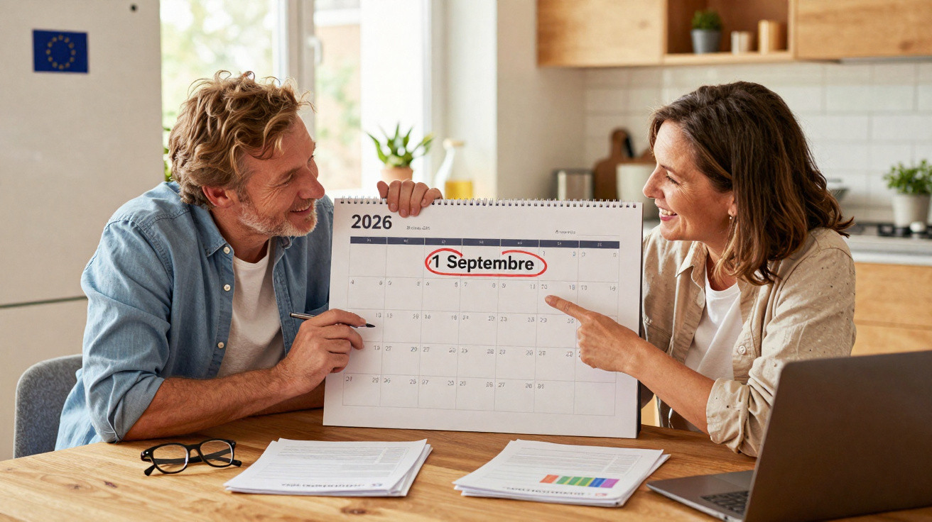Casal sentado à mesa mostra calendário com dia 1 de setembro de 2026 destacado a vermelho.