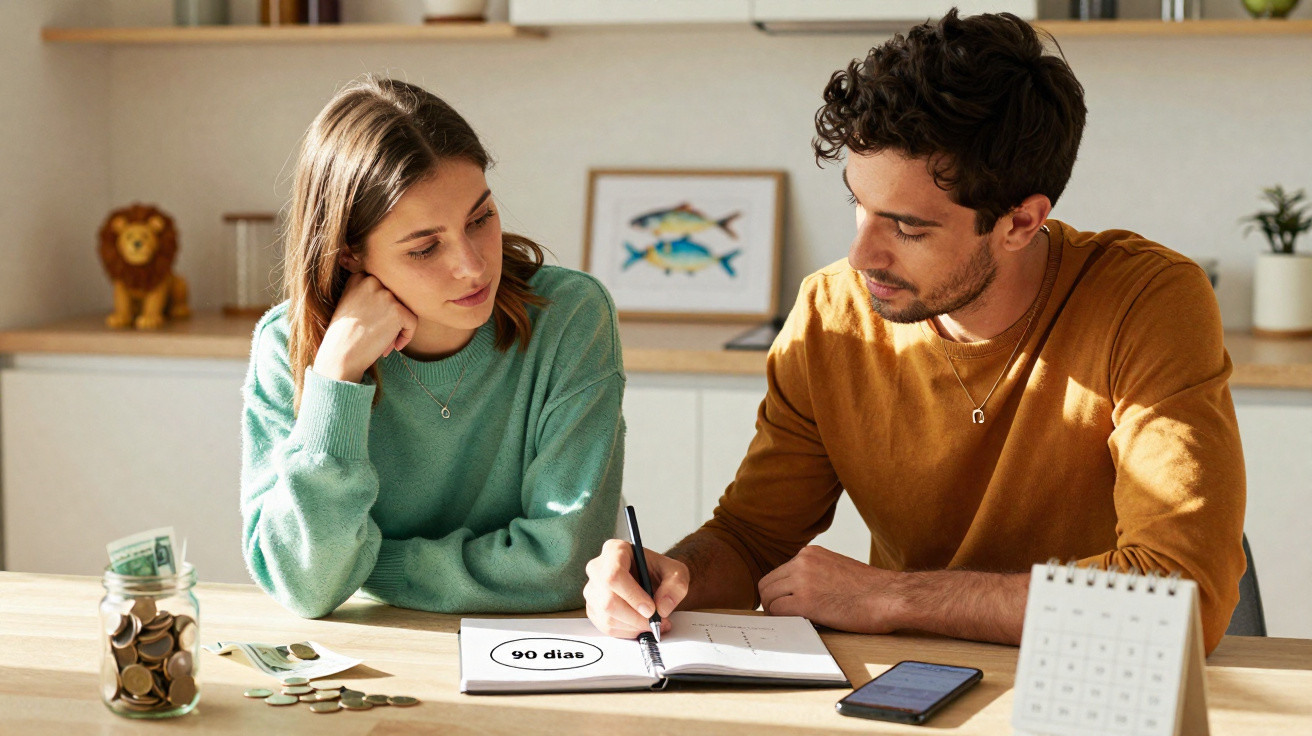 Casal jovem sentado à mesa a planear finanças com caderneta, moedas e calendário à frente.