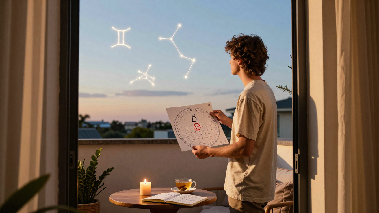 Jovem observa constelações no céu ao pôr do sol enquanto segura carta astrológica no terraço.