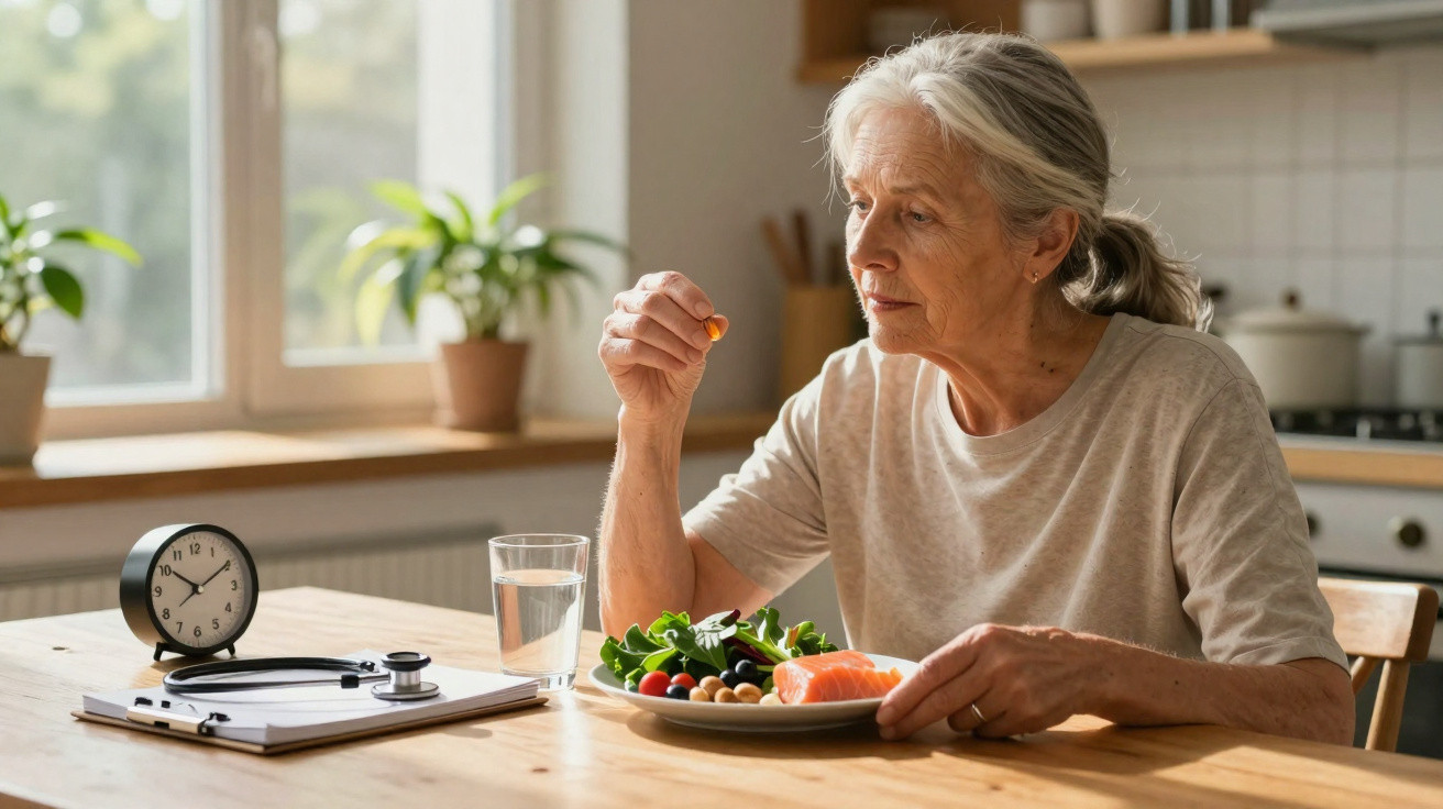Idosa sentada à mesa a preparar-se para tomar um comprimido com um prato de comida saudável à sua frente.
