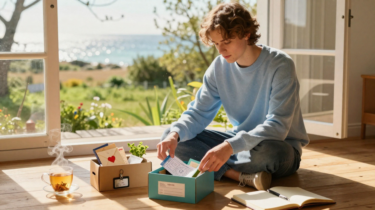 Jovem sentado no chão a organizar cartas num dia soalheiro, com chá fumegante e vista para o campo e mar.