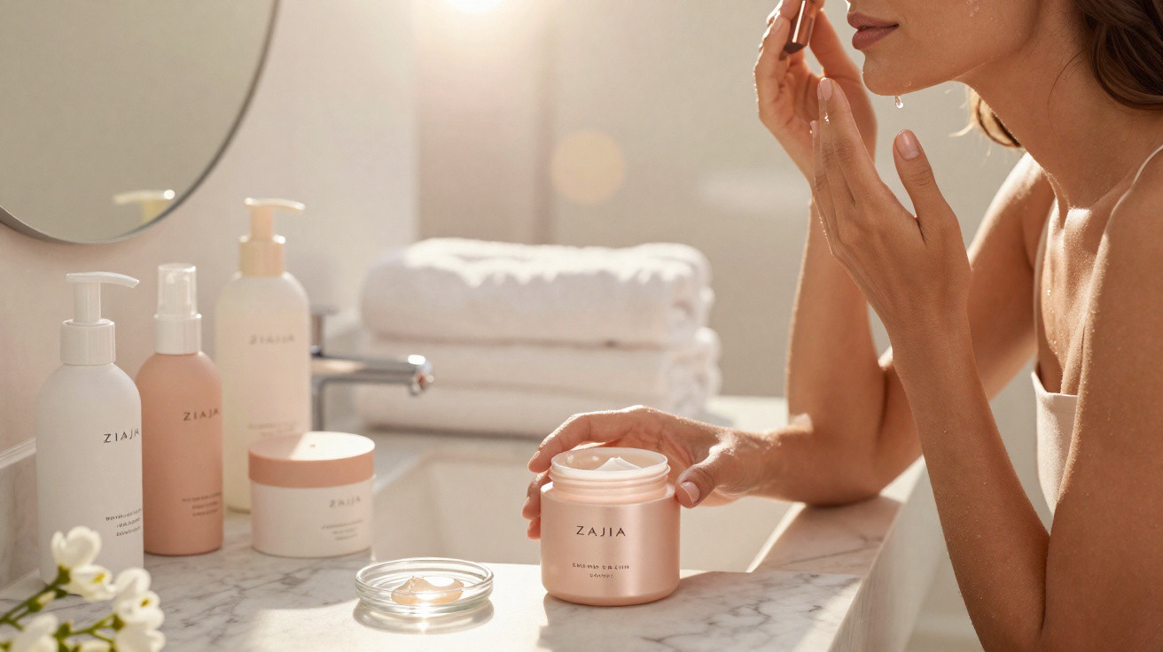 Mulher a aplicar creme hidratante facial num lavabo com produtos de beleza Ziaja e toalhas ao fundo.