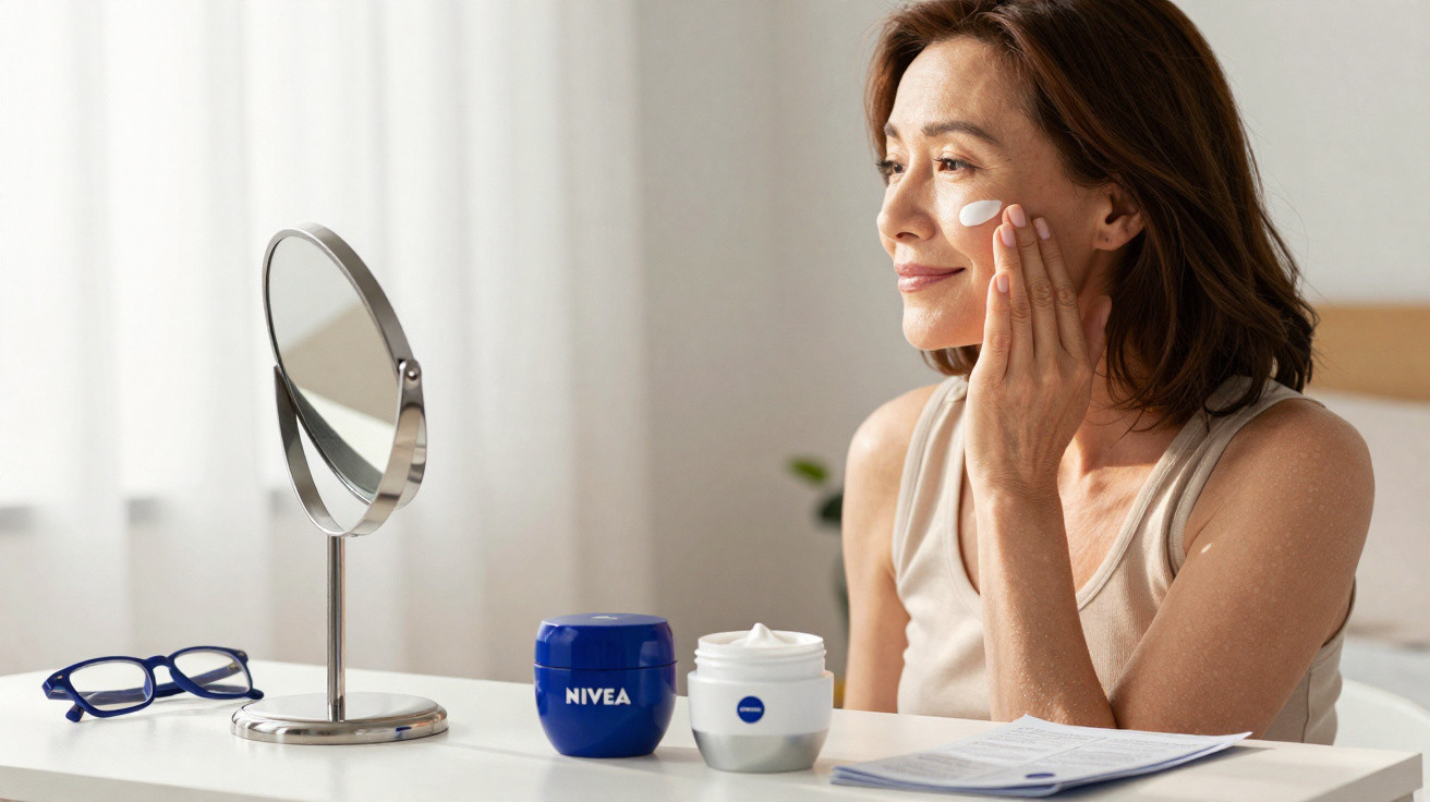 Mulher aplica creme facial sentada à mesa com espelho, óculos e potes de creme Nivea à frente.