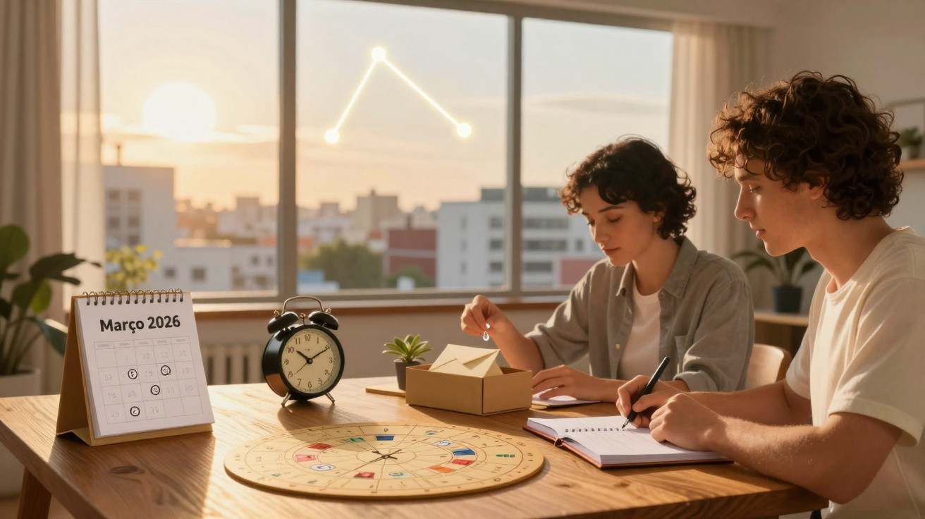 Dois jovens sentados a jogar um jogo de tabuleiro astrológico numa mesa com calendário, relógio e decoração.