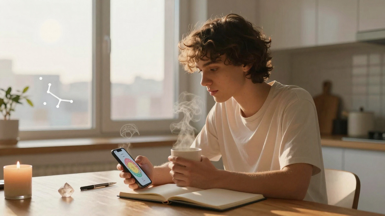 Jovem sentado à mesa com chá quente, a olhar para o telemóvel, num ambiente calmo e iluminado pela janela.
