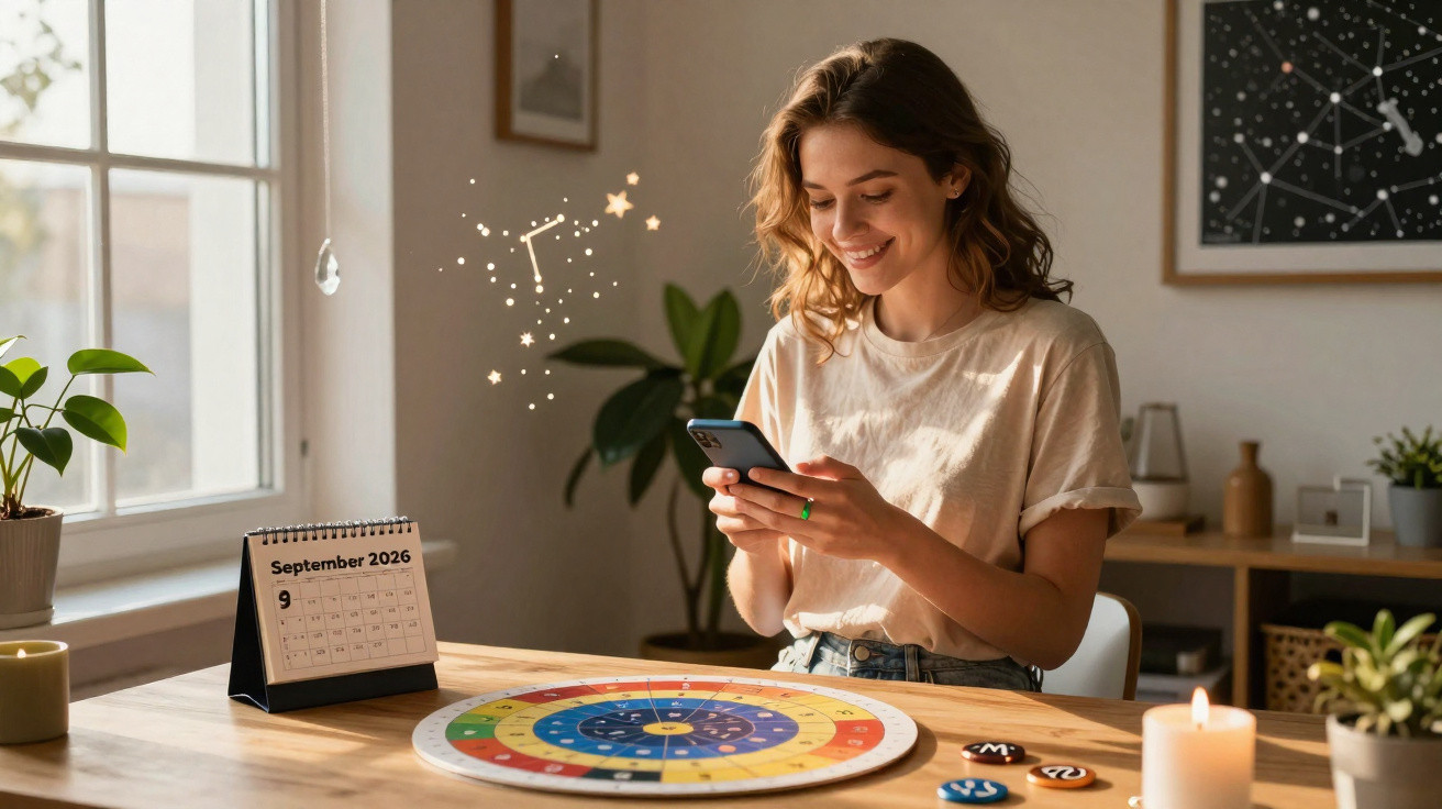 Mulher sorridente a usar telemóvel, com calendário de setembro de 2026 e roda colorida de astrologia na mesa.
