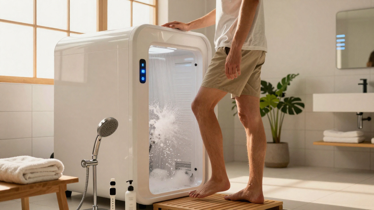 Homem presta tratamento de hidromassagem de pés numa máquina branca numa casa de banho moderna.