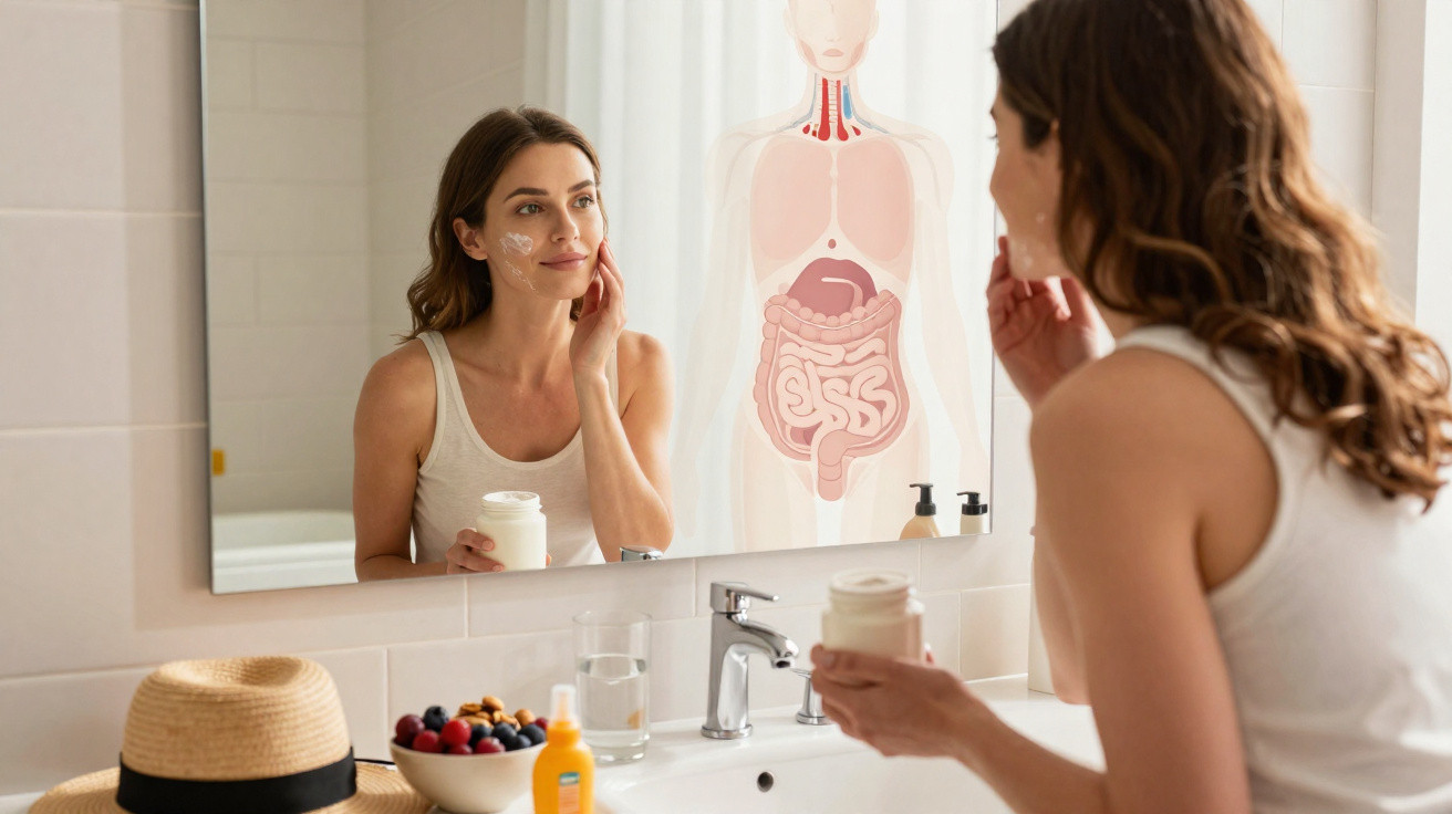 Mulher aplica creme facial em frente a espelho com ilustração do sistema digestivo visível.