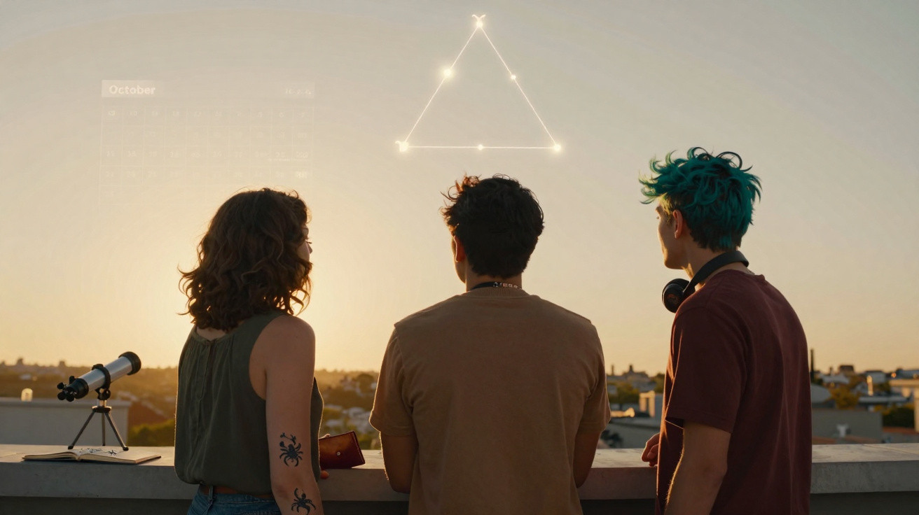 Três jovens observam triângulo luminoso no céu ao pôr do sol numa varanda com telescópio ao lado.