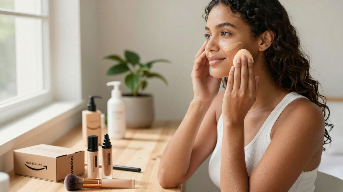 Mulher a aplicar maquilhagem com esponja, sentada numa mesa com produtos de beleza variados.