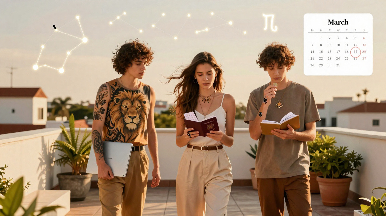 Três jovens com livros e tatuagens, constelações no céu e calendário marcado em 18 de março.