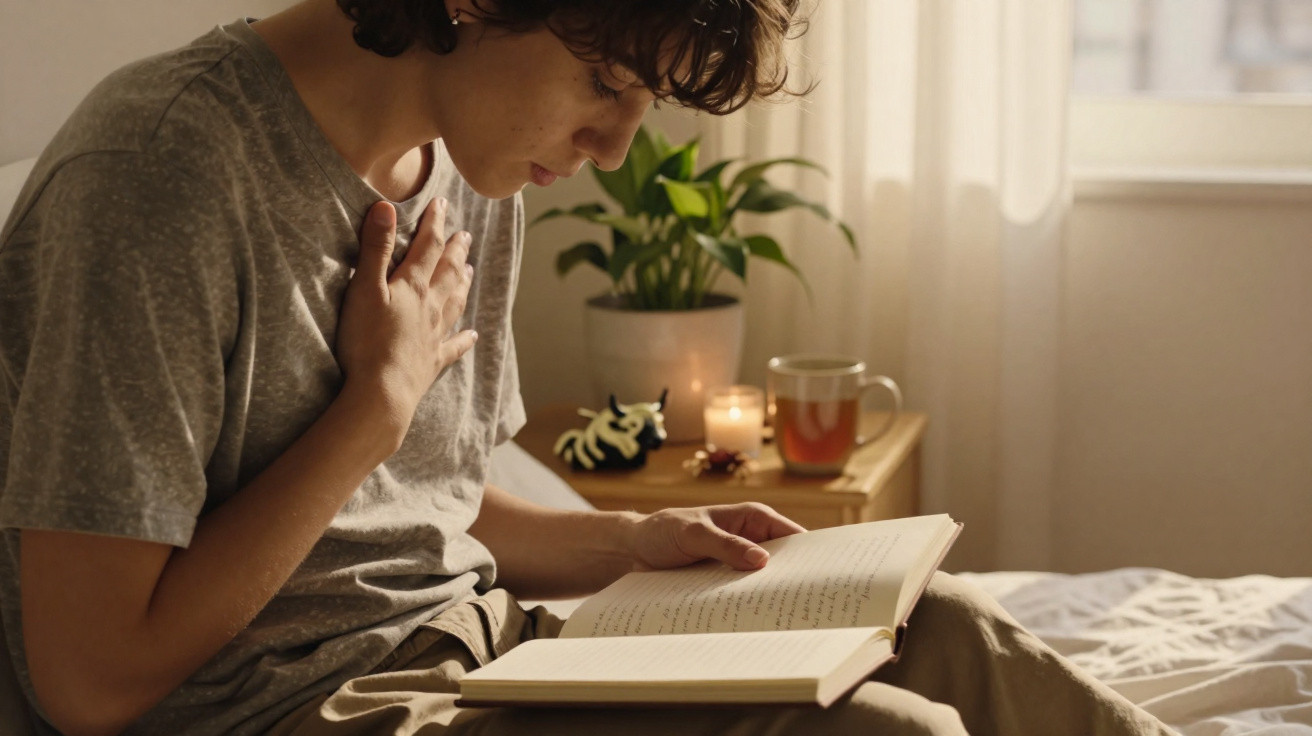Jovem sentado na cama, a ler um livro, com a mão no peito num quarto iluminado por luz natural e vela.