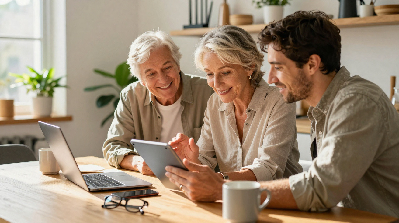 Três pessoas sorriem enquanto usam um tablet num ambiente de trabalho luminoso e informal.