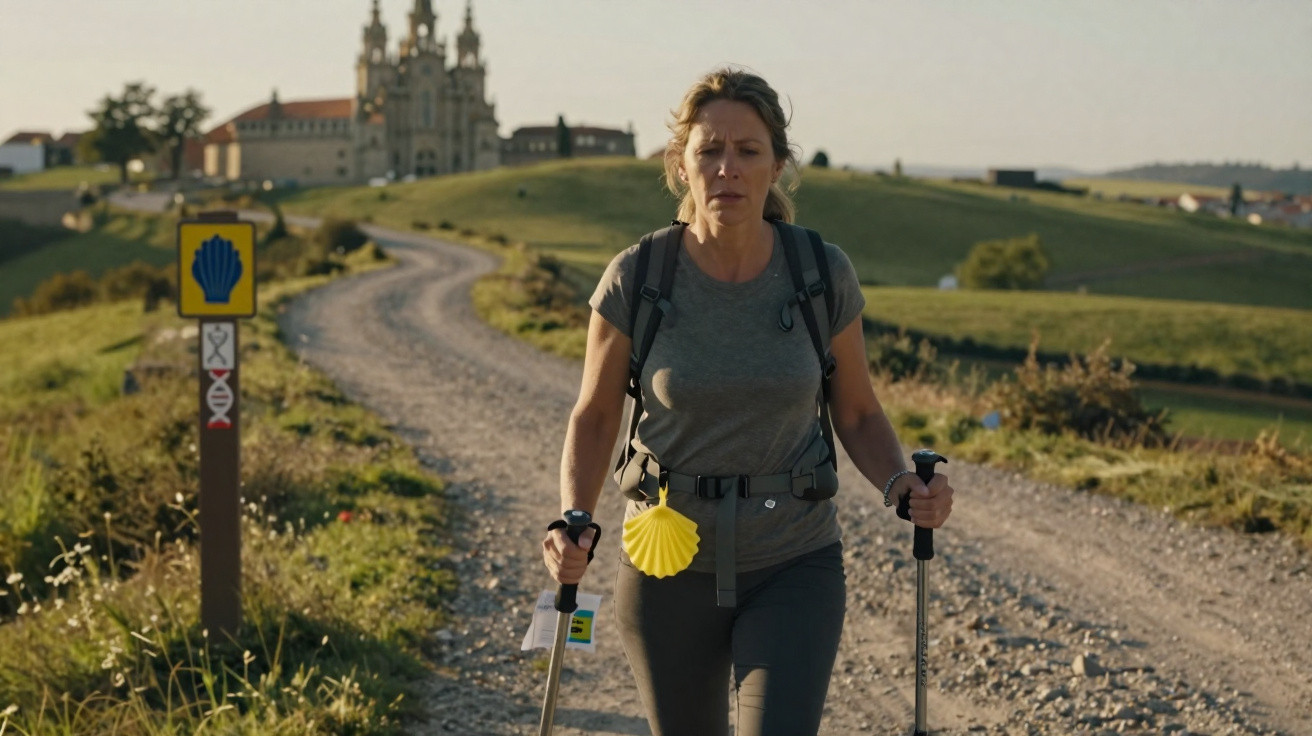 Mulher a caminhar com bastões num trilho rural, com igreja ao fundo e sinal do Caminho de Santiago.