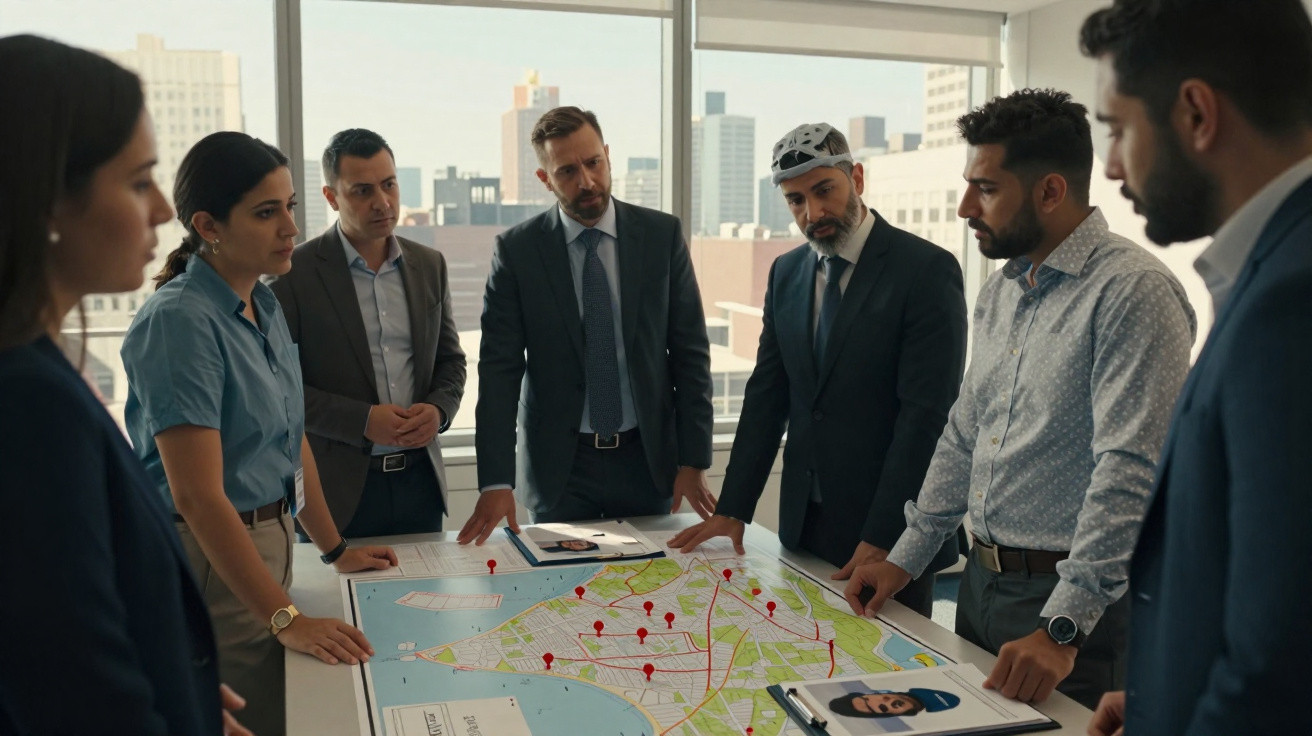 Grupo de profissionais a analisar mapa com marcadores vermelhos numa sala de reuniões moderna.