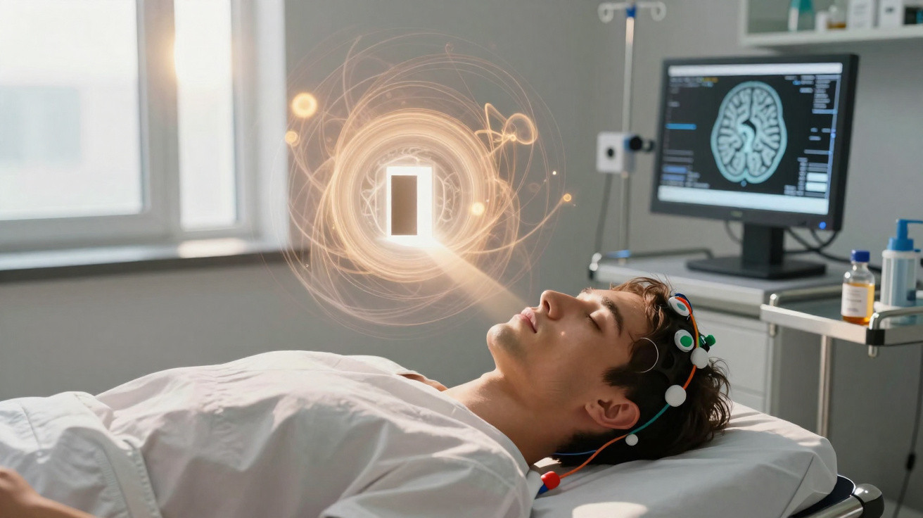 Homem deitado com eletrodos na cabeça a realizar exame cerebral com imagem digital projetada.
