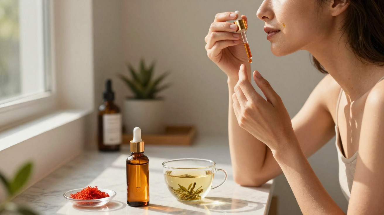 Pessoa a aplicar sérum facial numa bochecha, ao lado de chá e frascos de cosméticos sobre uma mesa.