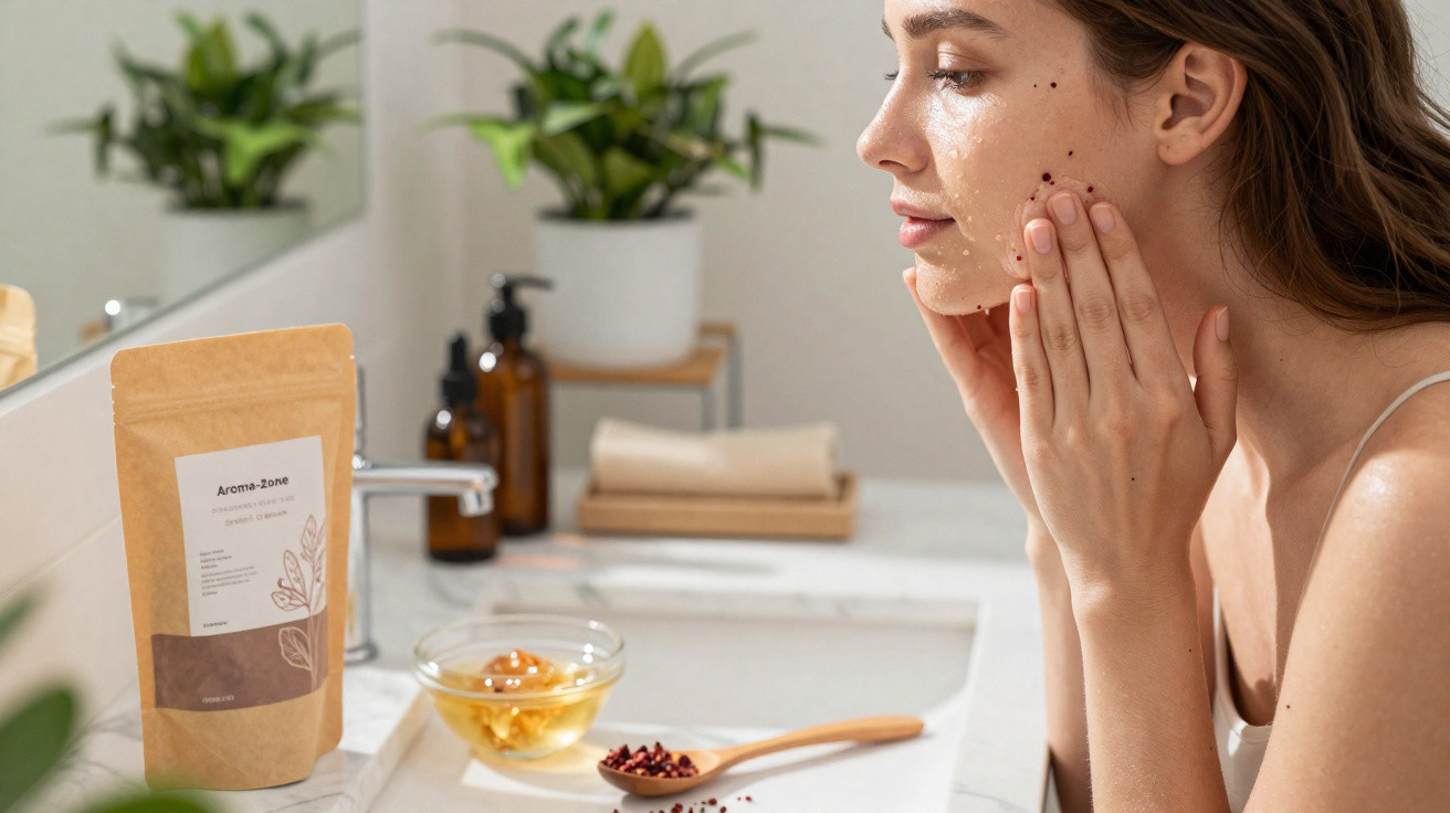 Mulher a aplicar esfoliante facial, num banho com produtos naturais e plantas ao fundo.