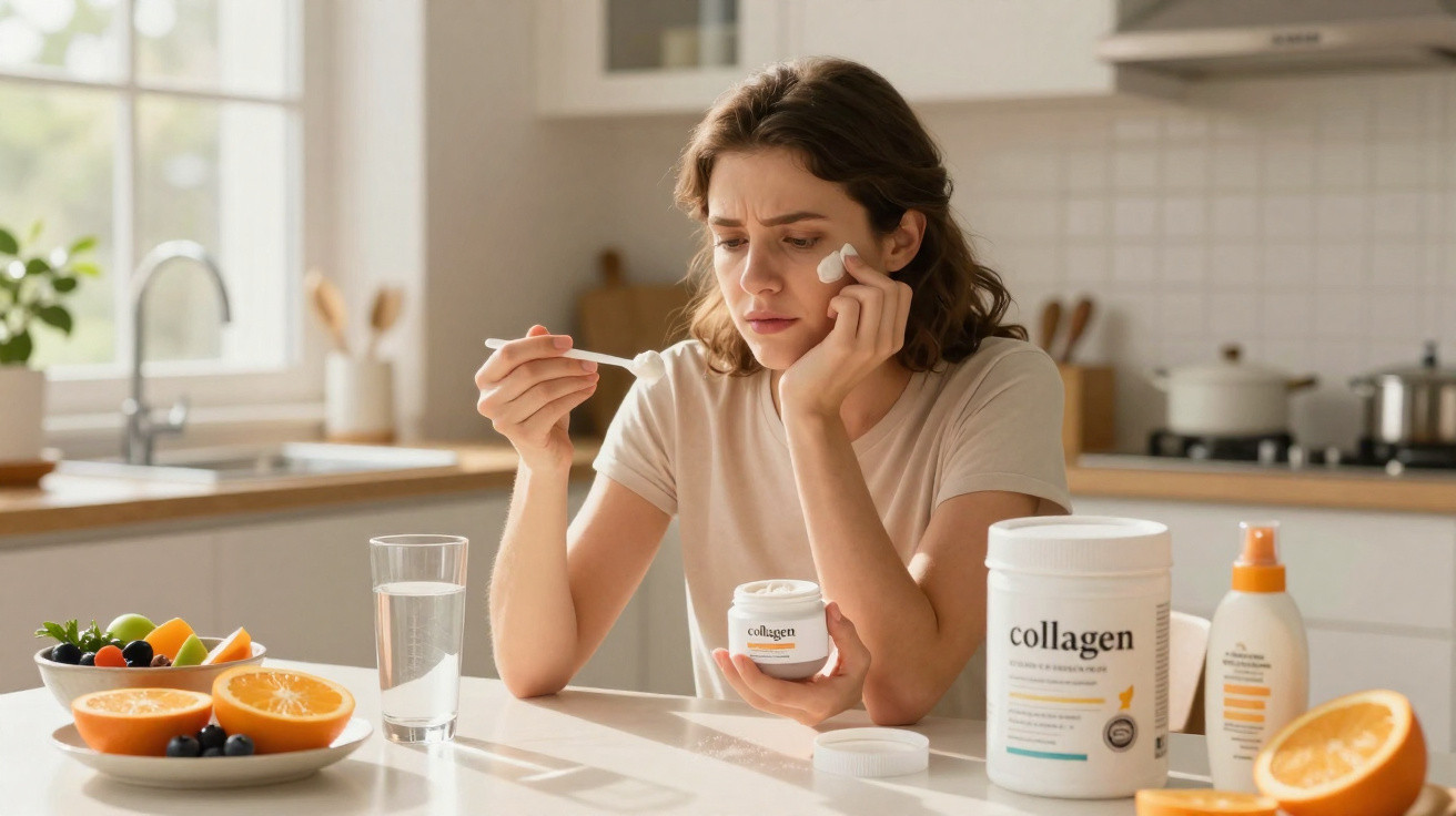 Mulher preocupada na cozinha a segurar creme e a medir suplemento de colagénio com colher.