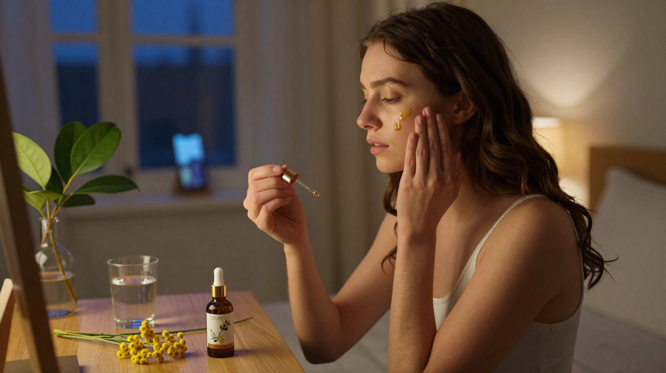 Mulher a aplicar soro facial dourado no rosto numa mesa com plantas e flores amareladas.