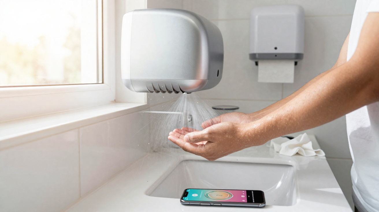 Pessoa a secar as mãos com secador automático num lavatório branco, com telemóvel em cima do balcão.